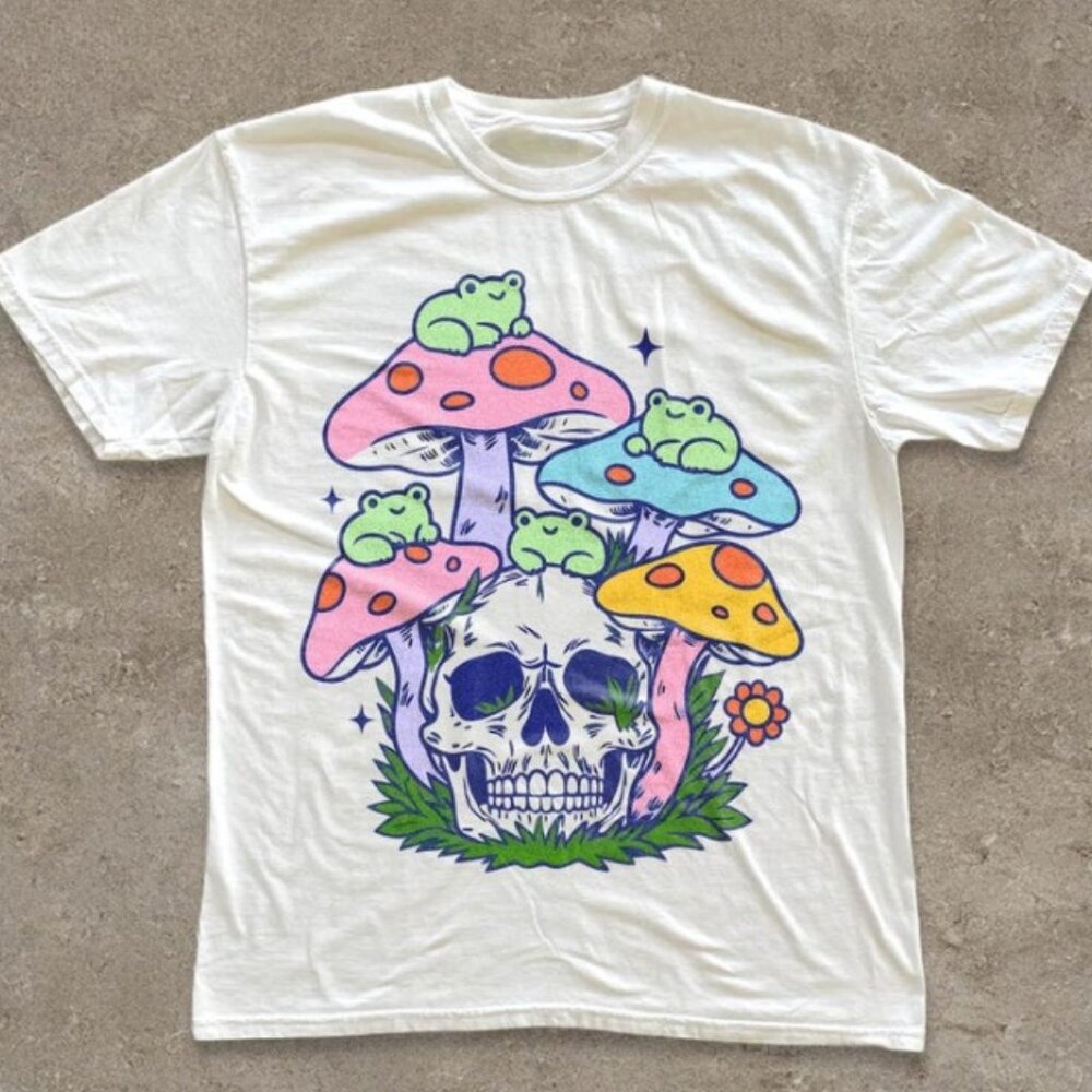 Pastel Frog Shirt, Colorful Mushroom Skull Tee